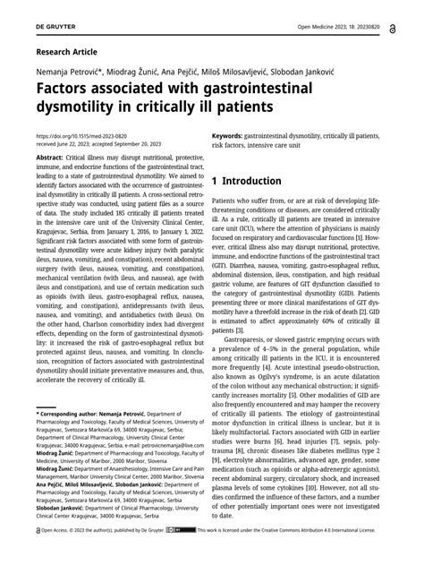 Pdf Factors Associated With Gastrointestinal Dysmotility In