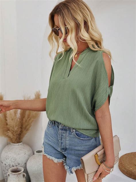 Shein Lune Women S Solid Color Cold Shoulder Notched Neck Blouse