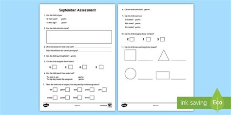 Junior Infant September Baseline Test Teacher Made