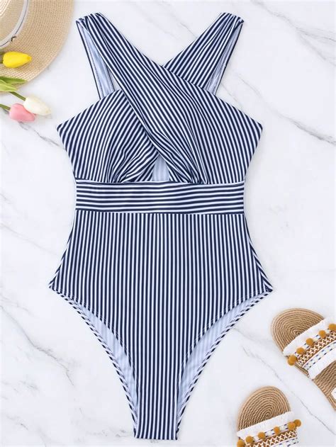 Striped Criss Cross Halter One Piece Swimsuit Shein Usa