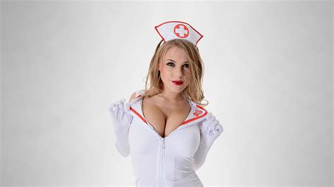 Viola Bailey Outfit Model Gray Background Nurse Outfit Blondes HD