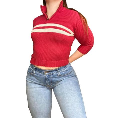 Old Navy Red White Stripe Chunky 14 Zip Cropped Depop