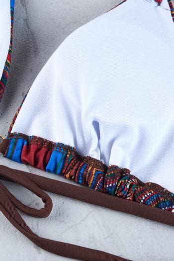 Wholesale Sexy Classic Graphic Printing Padded Halter Neck Triangle Self Tie Bikini Set BA013825