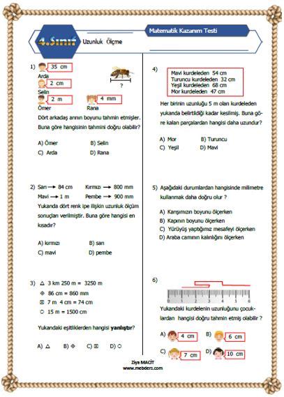 S N F Matematik Uzunluk L Me Kazan M Testi Meb Ders