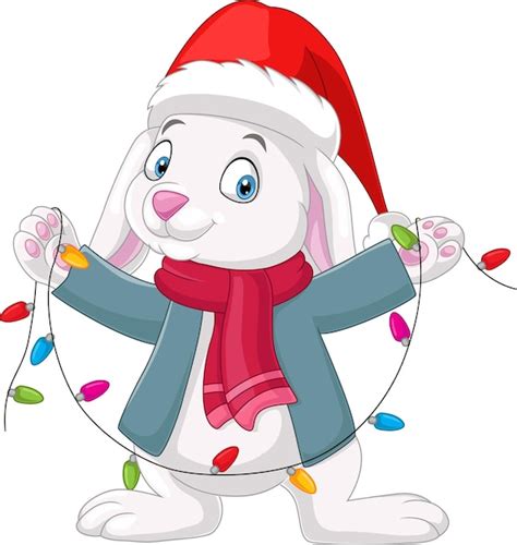 Premium Vector Cartoon Rabbit Wearing Santa Hat And Scarf With Christmas Lights