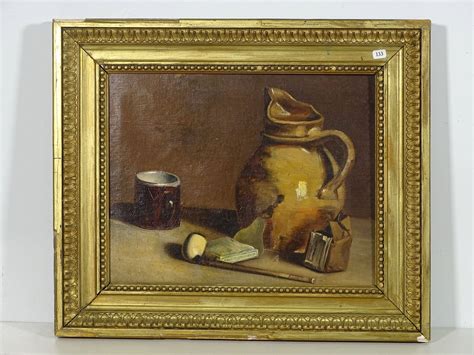 Ecole Francaise Xix Me Nature Morte Au Pichet Et La Pipe Huile Sur