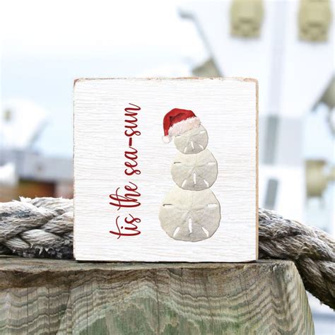 Sand Dollar Snowman Decorative Wooden Block Coastal Christmas Decor