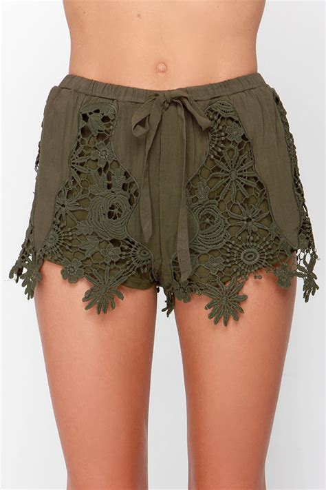 Cute Olive Green Shorts Lace Shorts 4300