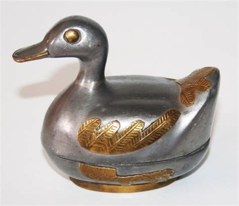 Vintage Pewter And Brass Duck Trinket Box Figurine Sculpture Etsy