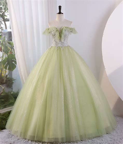 Green Tulle Floor Length Prom Dress Off Shoulder Evening Party Dress · Little Cute · Online