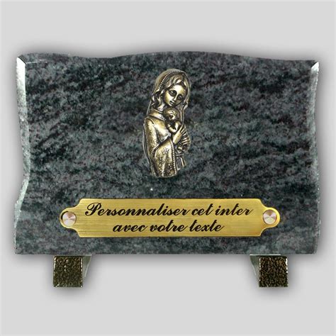 Plaque Funéraire Granit Mass blue Vierge et enfant en bronze et