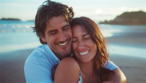 Smile Romance Or Couple Hug At A Beach To Relax For Holiday Vacation Or