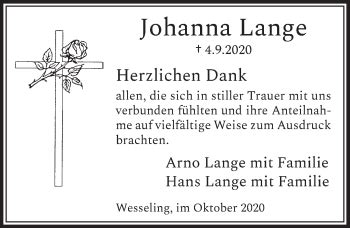 Traueranzeigen Von Johanna Lange Wirtrauern