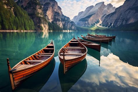 Premium Ai Image Boats On The Braies Lake Pragser Wildsee In