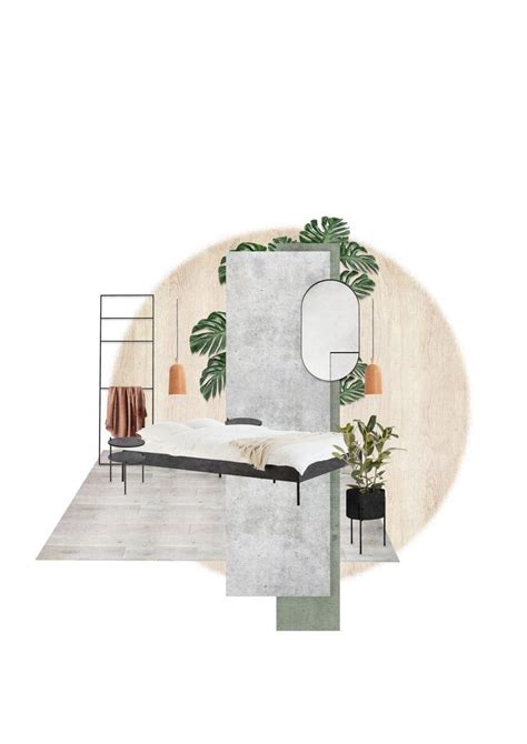 A Bedroom With A Bed Mirror And Plant On The Wall Next To Each Other