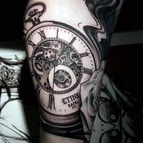 Big black ink mechanical pocket clock tattoo on leg - Tattooimages.biz