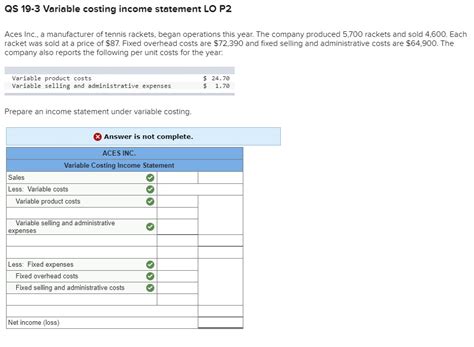 Solved Qs Variable Costing Income Statement Lo P Aces Chegg