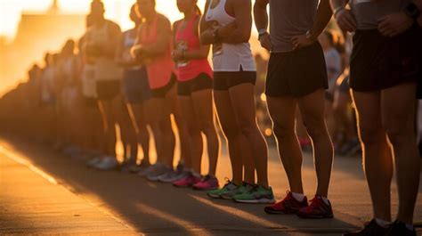 Premium AI Image | Marathon runners lined up at the start line at dawn