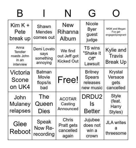 Pop Culture Bingo Card