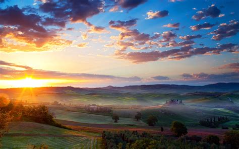 Italy Scenery Sunrises And Sunsets Fields Sky Tuscany Clouds HD