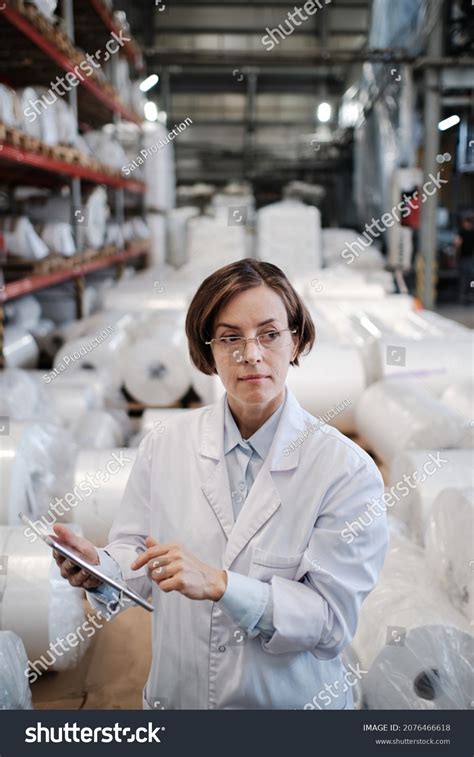 Portrait Female Factory Worker Wearing Glasses Stock Photo 2076466618