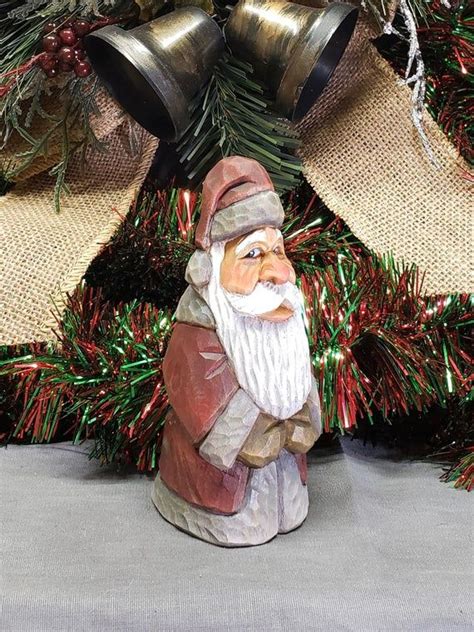 Wood Carving Antiqued Wooden Santa Carving In A Red Robe Etsy Santa