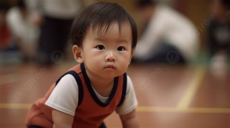 Bayi Duduk Di Lantai Dan Melihat Ke Atas Seorang Anak Laki Laki