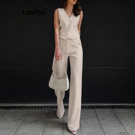 Lovito Women Casual Plain Button Front Asymmetrical Pants Set Lnl