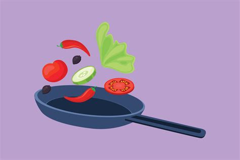 Graphic flat design drawing pan with sprinkled with food ingredients such as vegetables, meat ...