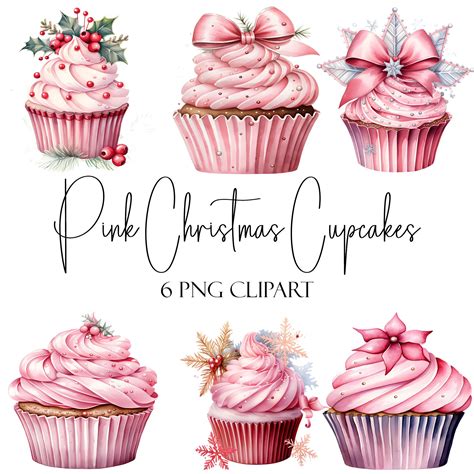 Pink Christmas Cupcakes Watercolor Clipart Png Format Etsy Pink