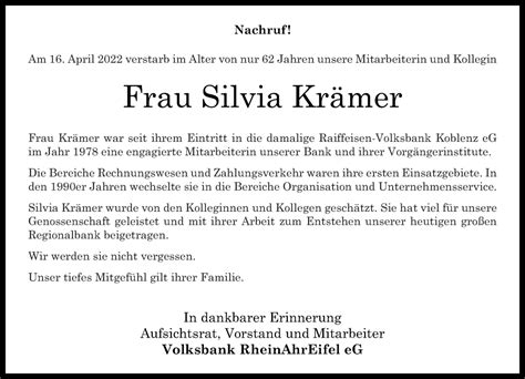 Traueranzeigen von Silvia Krämer rz trauer de