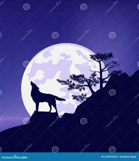 Vektor Wildnis Landschaft Mit Heulenden Wolf Kiefer Und Vollmond