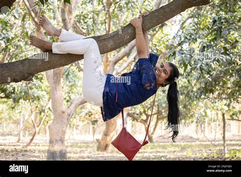 An Indian Young Adult Girl Playfully Climbing A Tree In Garden Stock