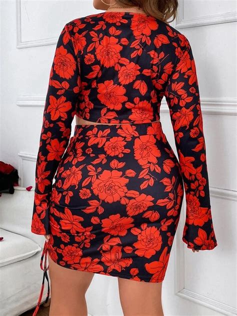 Plus Floral Print Knot Front Crop Top Drawstring Bodycon Skirt