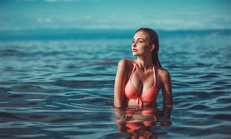 Wallpaper Women Bikini Top Water Sea Portrait Looking Away Wet