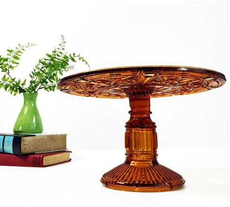 Vintage Amber Eapg Glass Footed Pedestal Cake Stand Large Cakeplate Cupcake Plate Tray Round