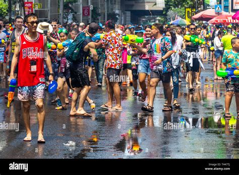 Bangkok Thailand April 12 2019 Water Fight On The Streets Of Silom