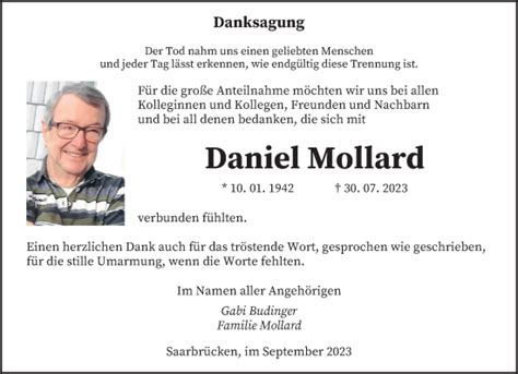 Traueranzeigen Von Daniel Mollard Saarbruecker Zeitung Trauer De