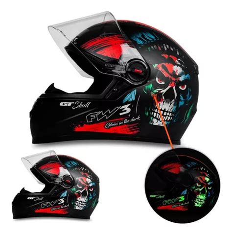 Casco Gt Skull Skull con visera de camaleón color Fw3 negro brillante