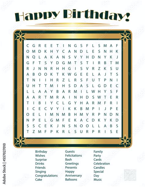 Retro Happy Birthday Word Search Puzzle With Answer Key Stock Vector