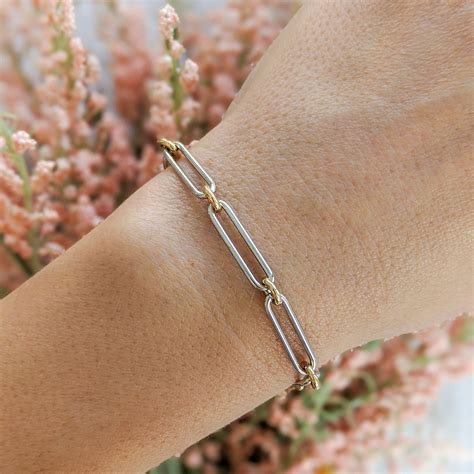 Two Tone Paperclip Chain Bracelet - 14k Yellow Gold & 14k White Gold