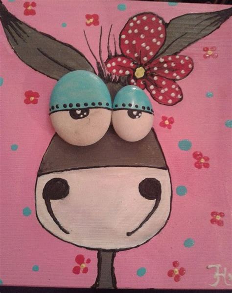 Funny Girly Donkey Painted On Wood With Pebbles Eyes Rock Crafts