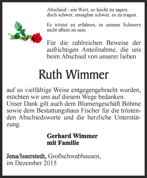 Traueranzeigen Von Ruth Wimmer Trauer In Thueringen De