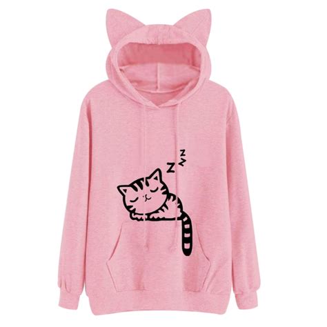 Harajuku Cat Ear Hoodies Women Tops Kawaii Cartoon Sleeping Cat Print