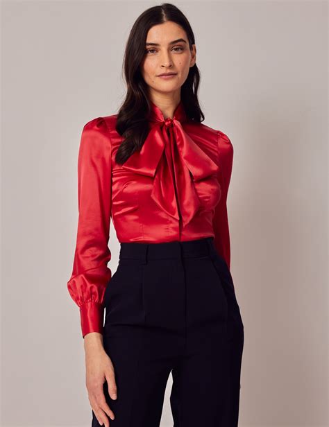 Women S Red Fitted Luxury Satin Blouse Pussy Bow