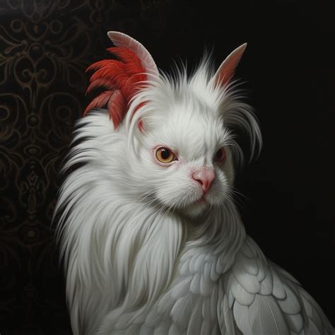 Un Dibujo De Un Gato Blanco Con Una Pluma Roja En La Cabeza Foto Premium