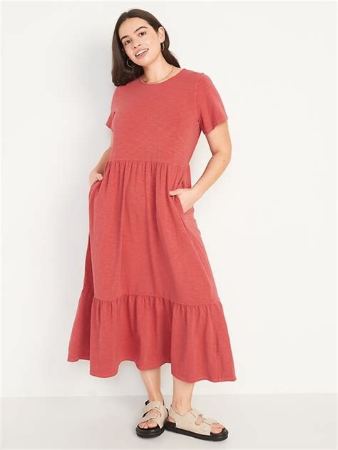 Old Navy Short Sleeve Slub Knit Tiered Midi Swing Dress For Women