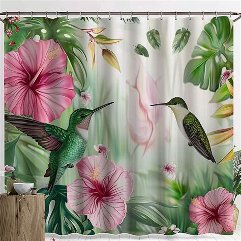 Tropical Paradise Shower Curtain With Green Hummingbird Exotic Birds