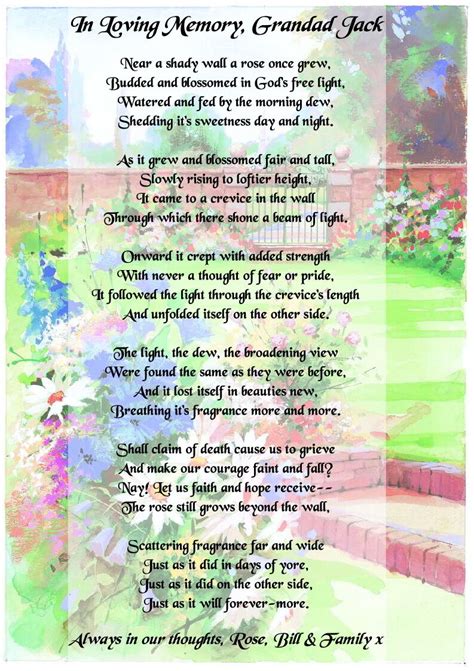 'The rose beyond the wall' Memorial/funeral poem, personalised keepsake ...