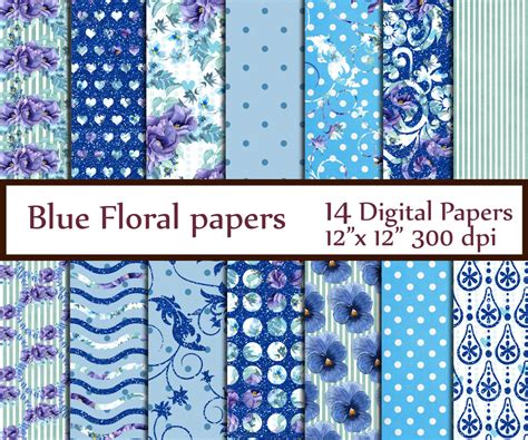 Blue Floral Digital Paper Pack Floral Pattern